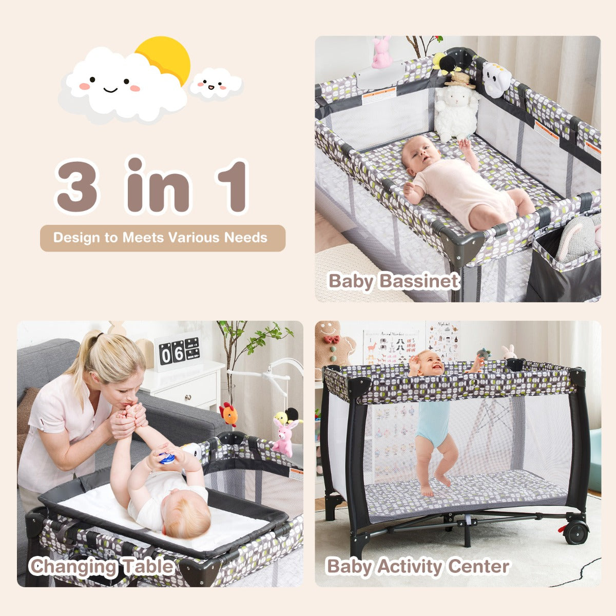 3 in 1 Baby Portacot with Bassinet & Changing Table