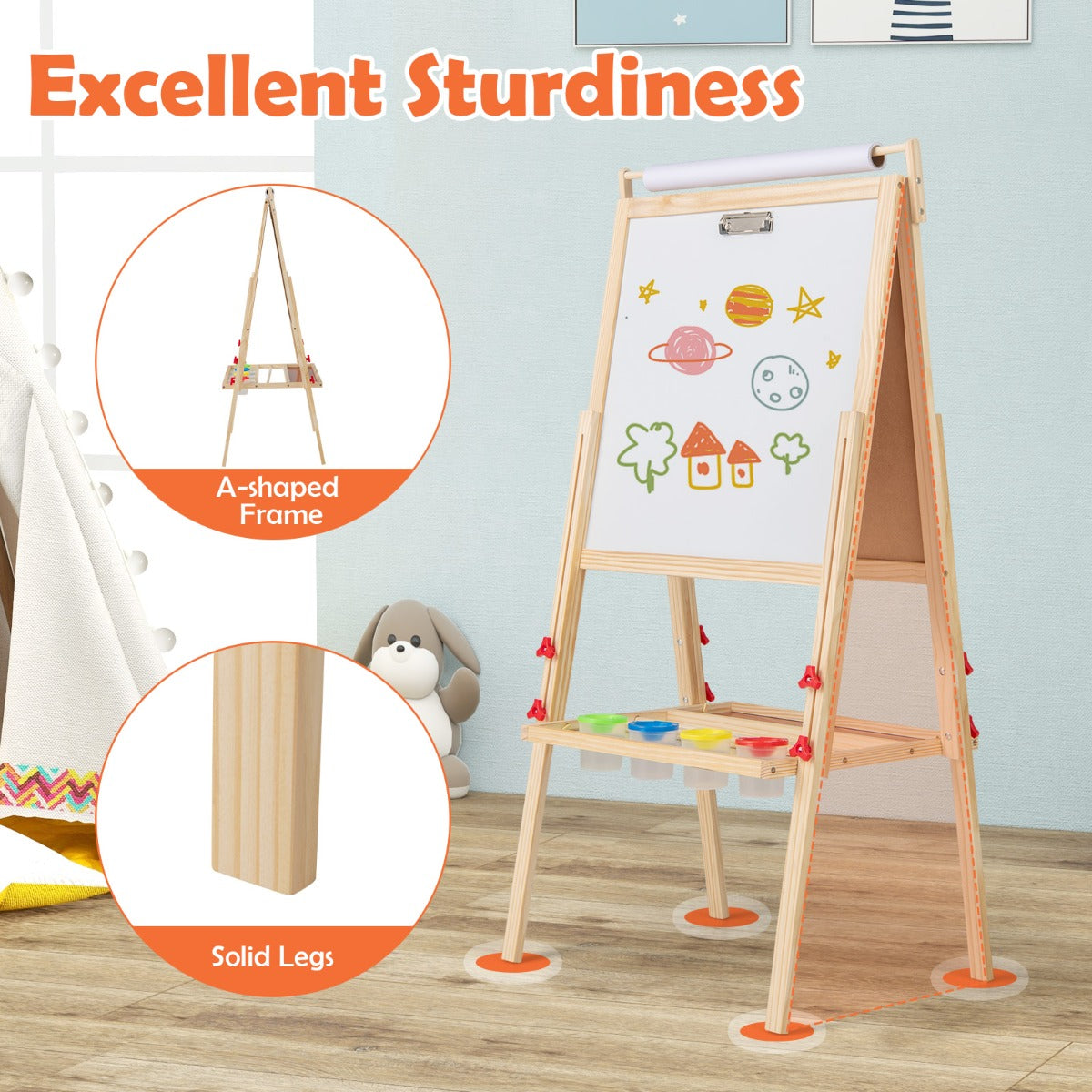 3 in 1 Double-sided Kids Height Adjustable Wooden Art Easel-Natural