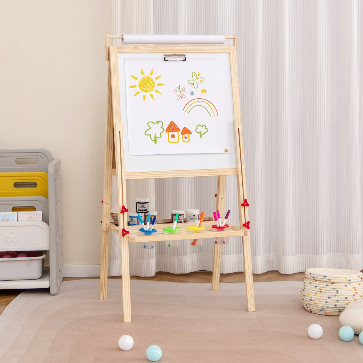 3 in 1 Double-sided Kids Height Adjustable Wooden Art Easel-Natural