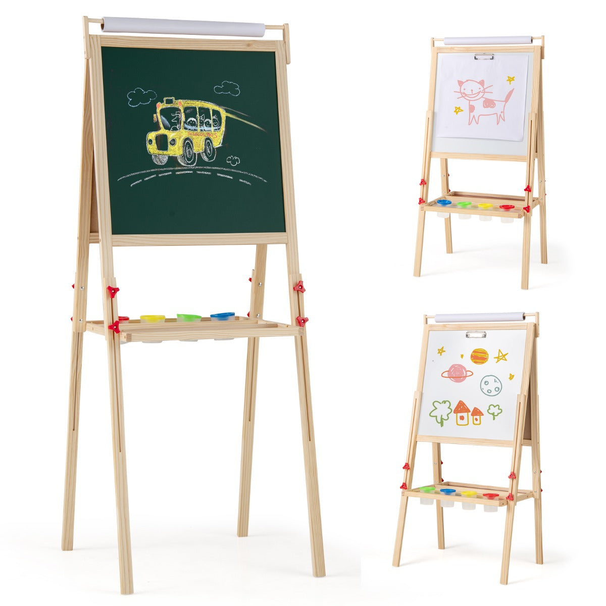 3 in 1 Double-sided Kids Height Adjustable Wooden Art Easel-Natural