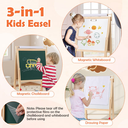 3 in 1 Double-sided Kids Height Adjustable Wooden Art Easel-Natural