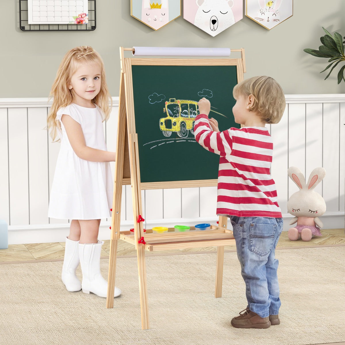 3 in 1 Double-sided Kids Height Adjustable Wooden Art Easel-Natural