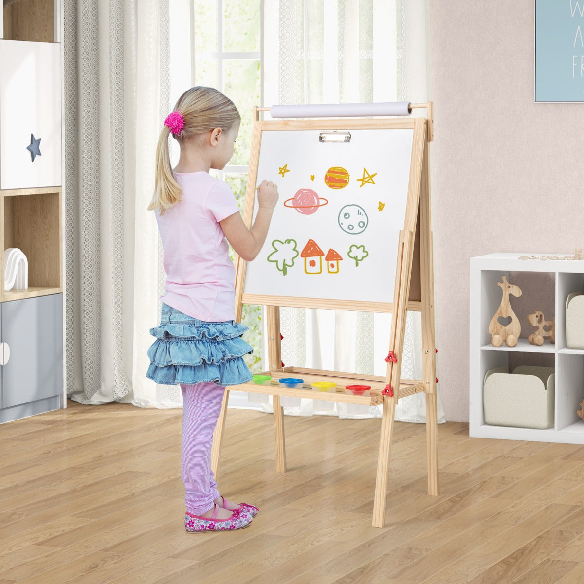 3 in 1 Double-sided Kids Height Adjustable Wooden Art Easel-Natural