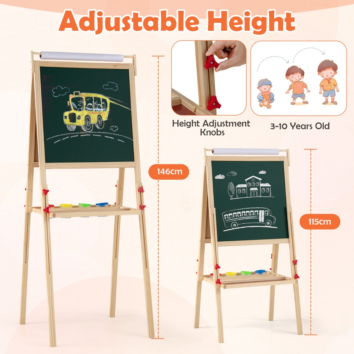 3 in 1 Double-sided Kids Height Adjustable Wooden Art Easel-Natural