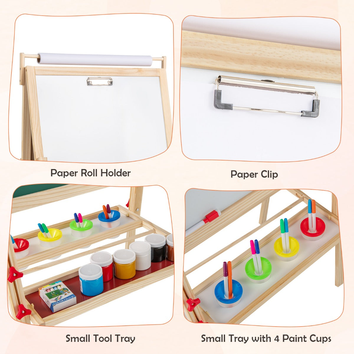 3 in 1 Double-sided Kids Height Adjustable Wooden Art Easel-Natural