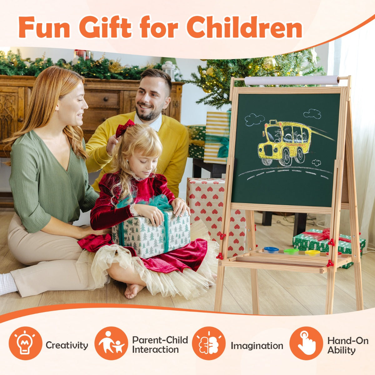 3 in 1 Double-sided Kids Height Adjustable Wooden Art Easel-Natural