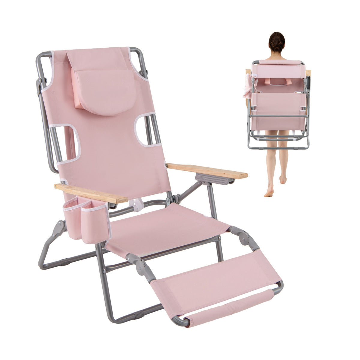 3-IN-1 Foldable Beach Chair with Face Hole and Footrest for Camping Poolside-Beige