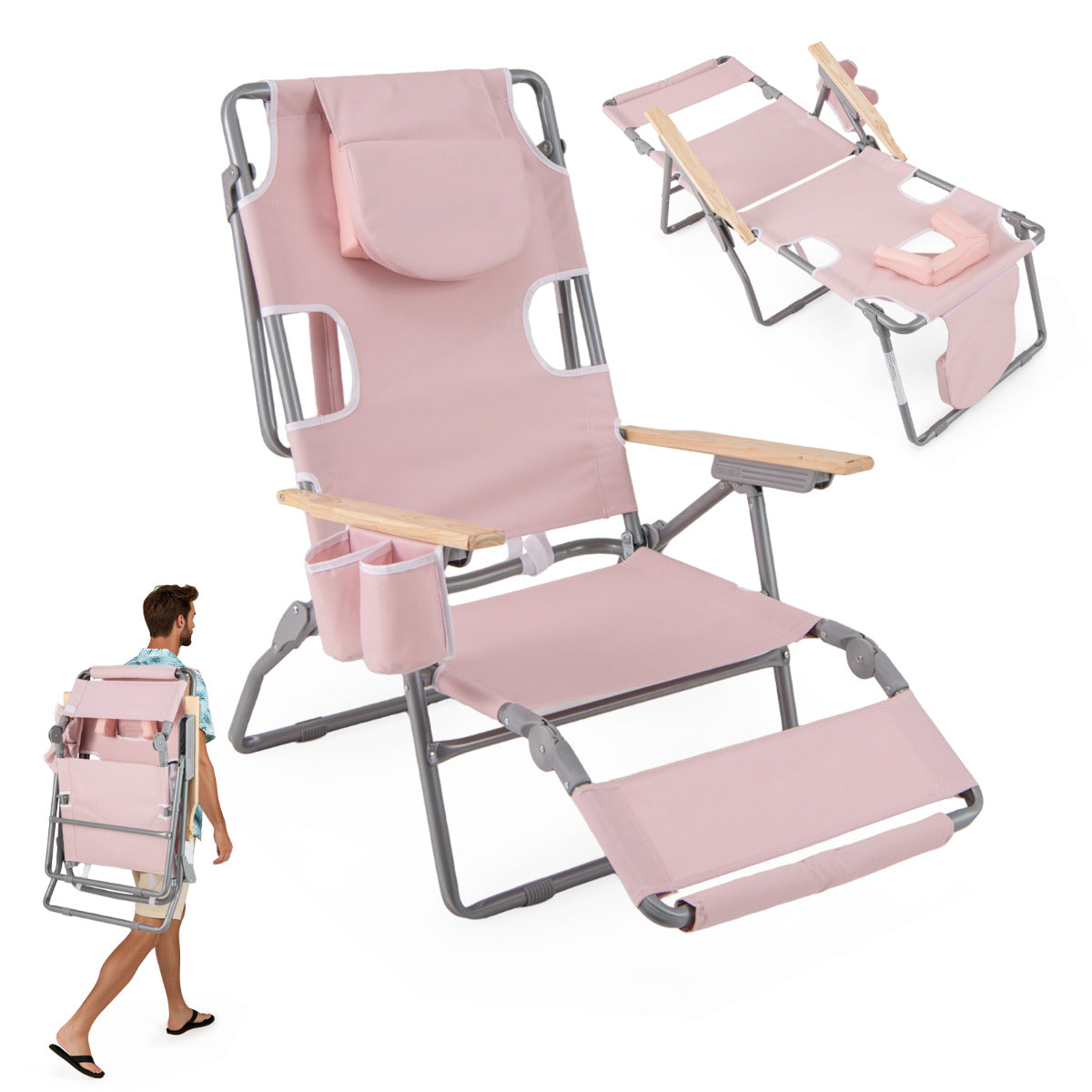 3-IN-1 Foldable Beach Chair with Face Hole and Footrest for Camping Poolside-Beige