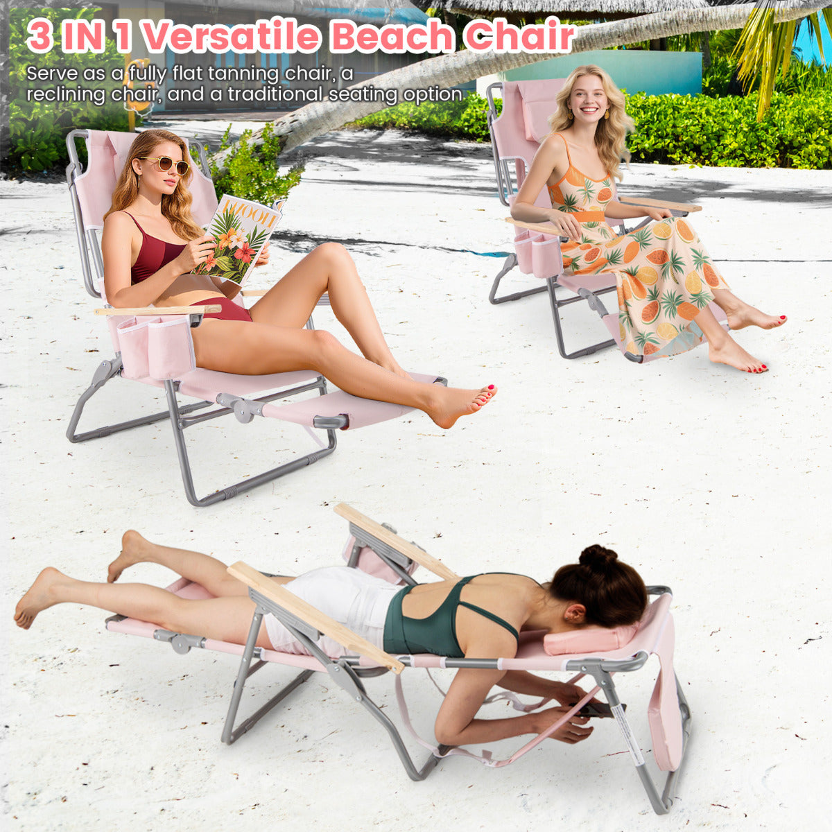 3-IN-1 Foldable Beach Chair with Face Hole and Footrest for Camping Poolside-Beige