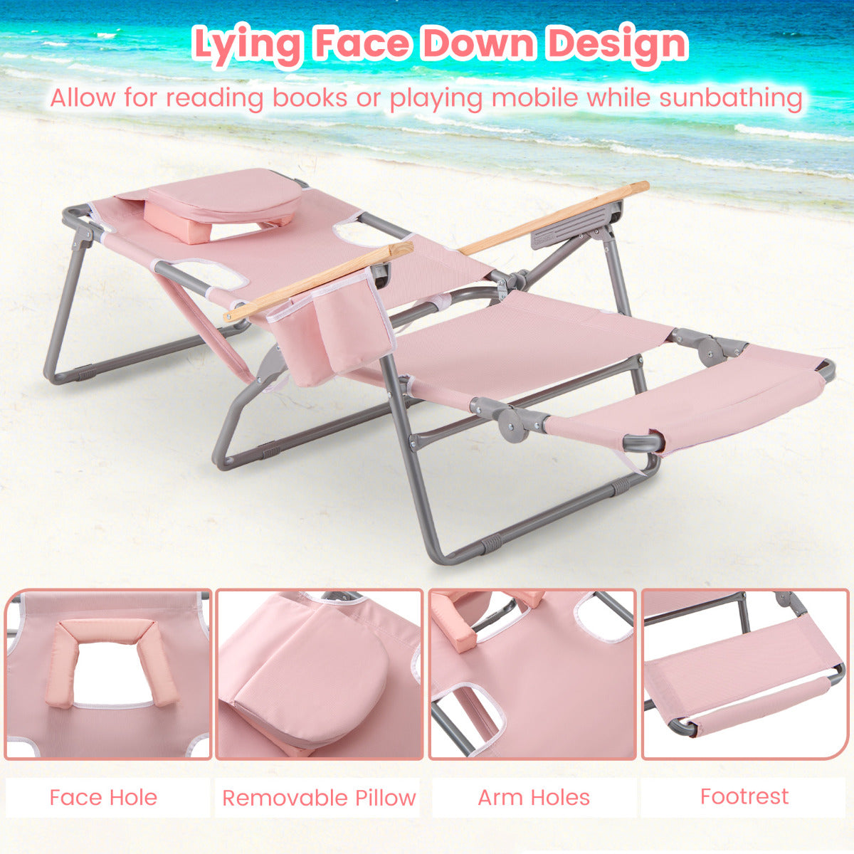 3-IN-1 Foldable Beach Chair with Face Hole and Footrest for Camping Poolside-Beige