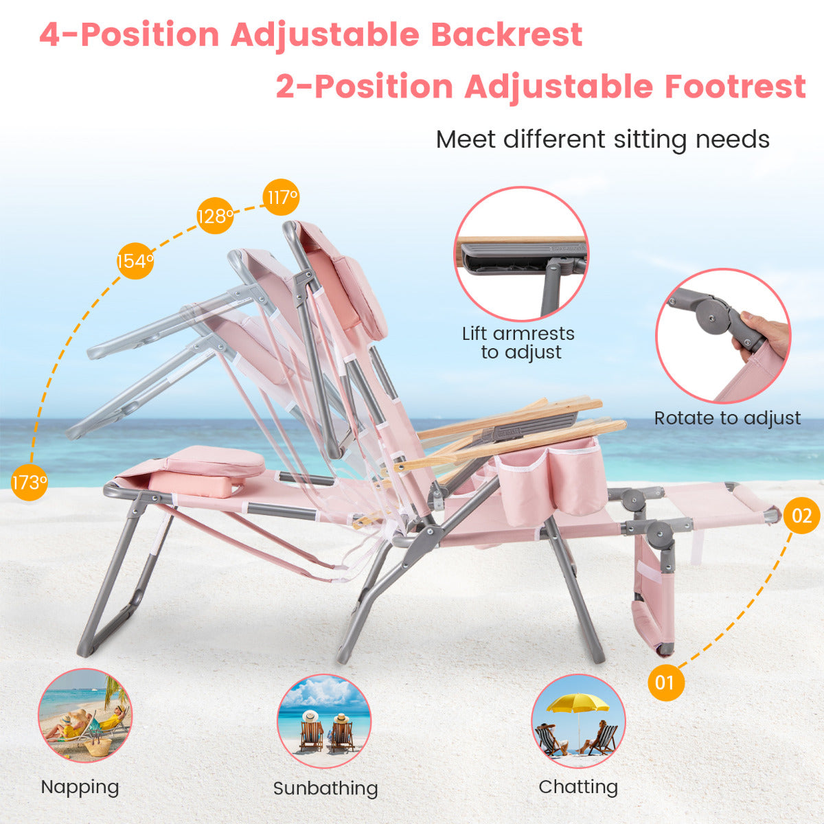 3-IN-1 Foldable Beach Chair with Face Hole and Footrest for Camping Poolside-Beige