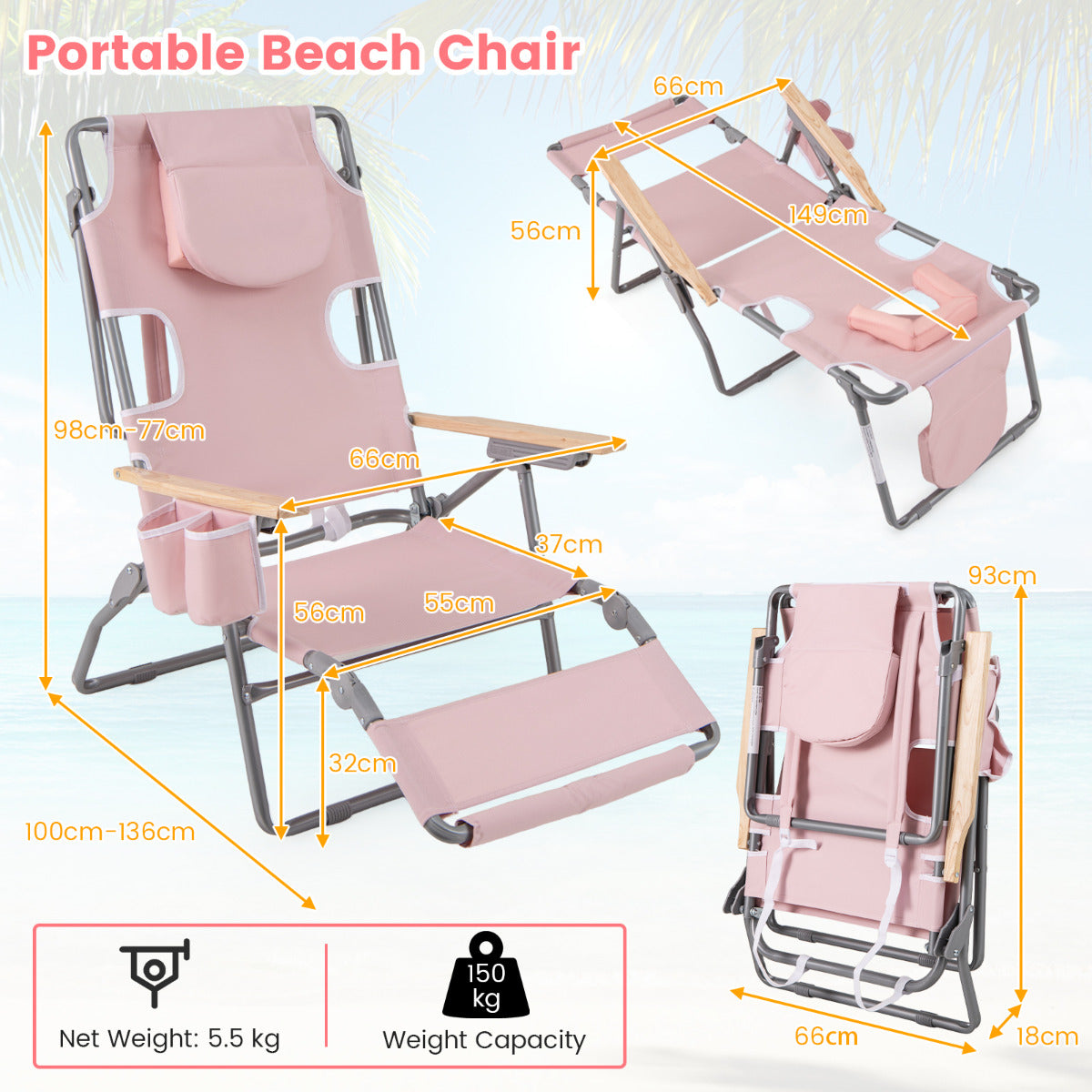 3-IN-1 Foldable Beach Chair with Face Hole and Footrest for Camping Poolside-Beige