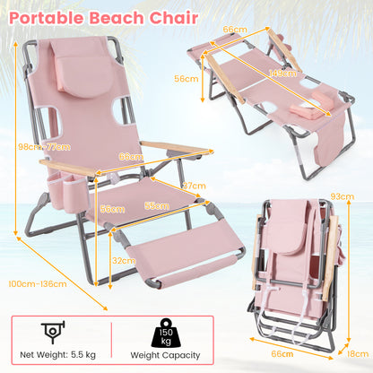 3-IN-1 Foldable Beach Chair with Face Hole and Footrest for Camping Poolside-Beige