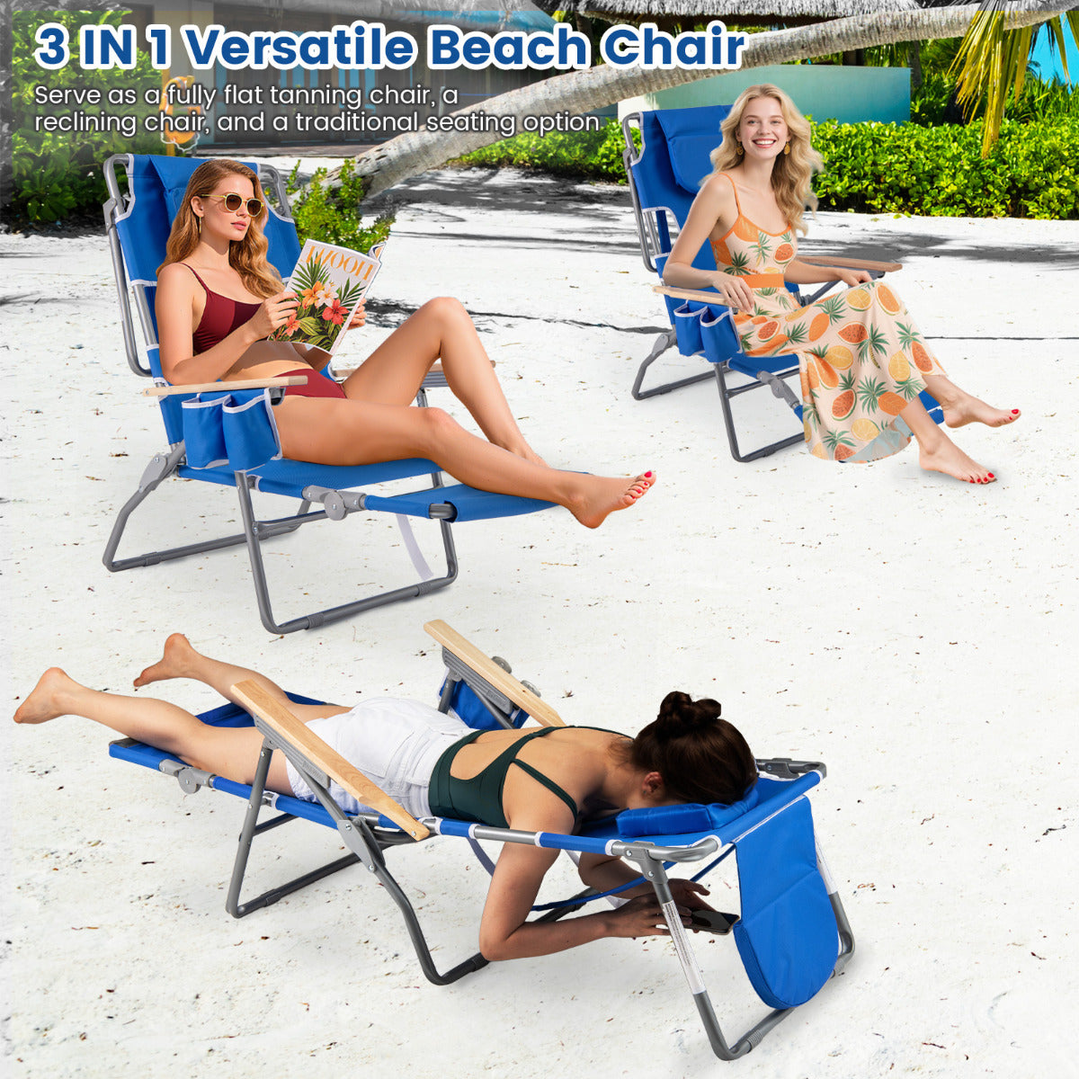 3-IN-1 Foldable Beach Chair with Face Hole and Footrest for Camping Poolside-Navy
