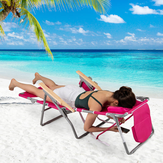 3-IN-1 Foldable Beach Chair with Face Hole and Footrest for Camping Poolside-Pink