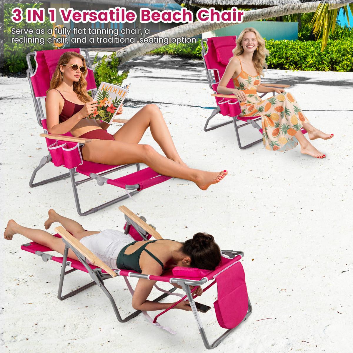 3-IN-1 Foldable Beach Chair with Face Hole and Footrest for Camping Poolside-Pink