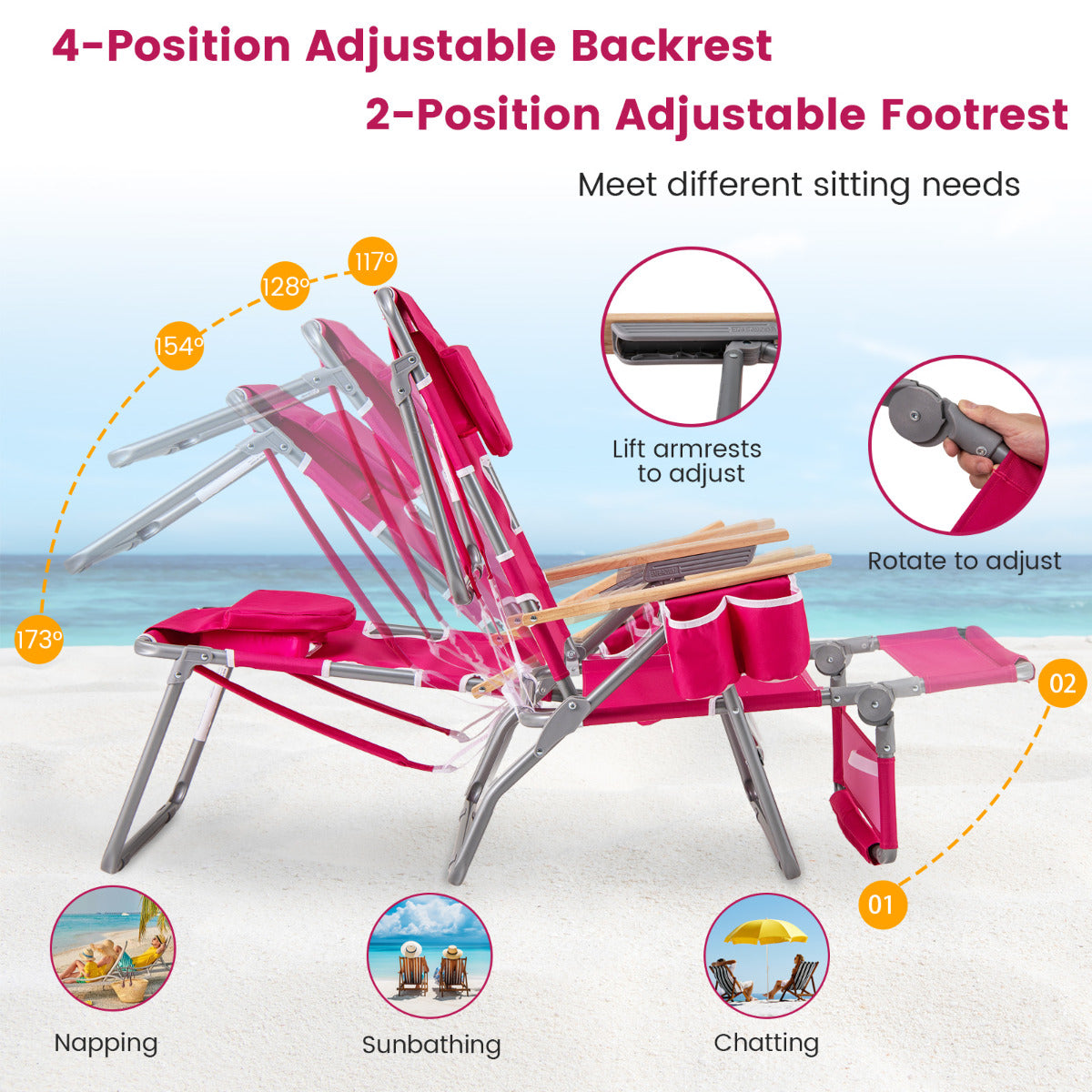 3-IN-1 Foldable Beach Chair with Face Hole and Footrest for Camping Poolside-Pink