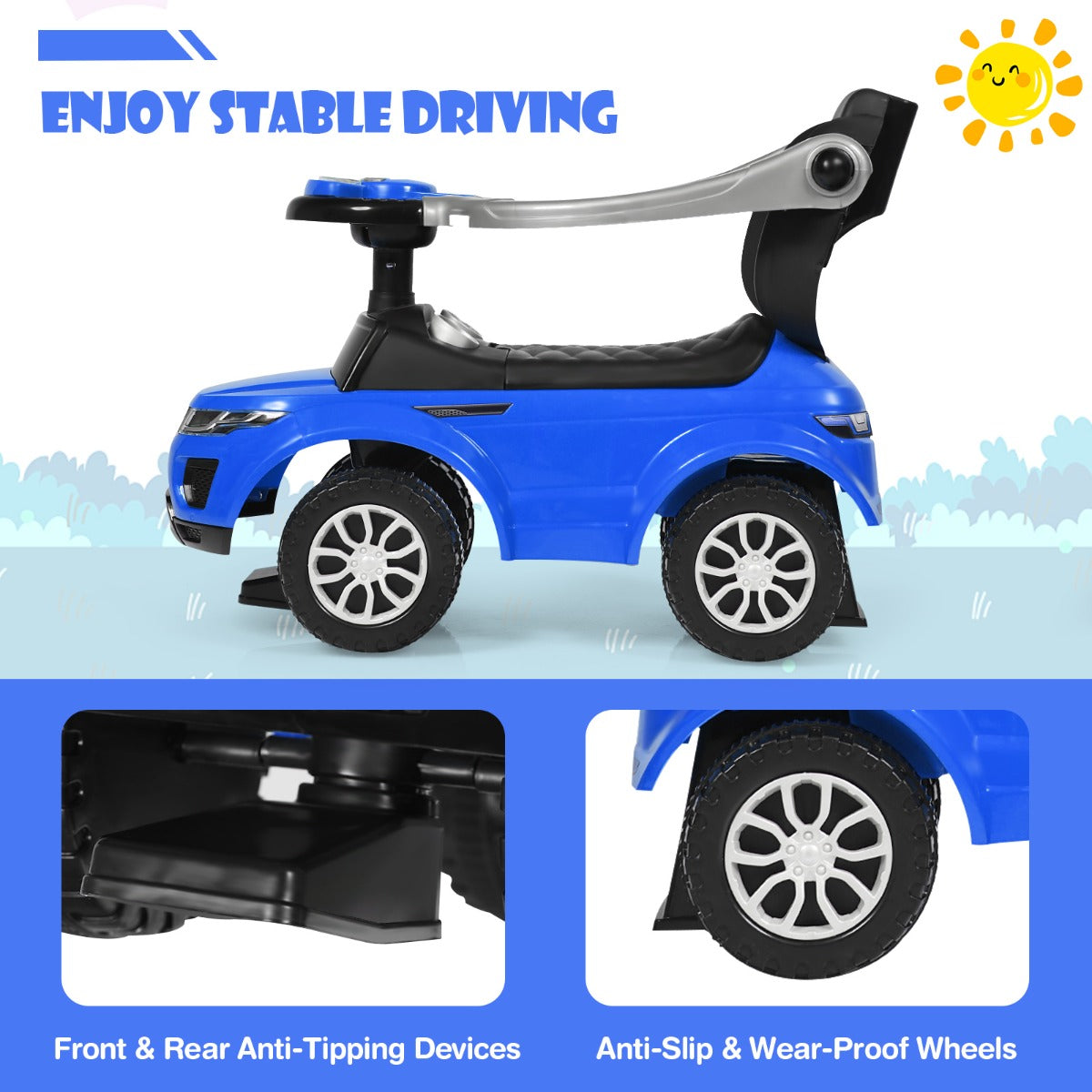 3 in 1 Kids Ride On Push Car with Horn, Music, Light Dancing to Music for Toddlers-Navy