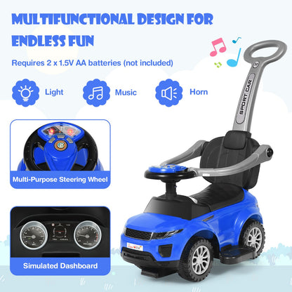 3 in 1 Kids Ride On Push Car with Horn, Music, Light Dancing to Music for Toddlers-Navy