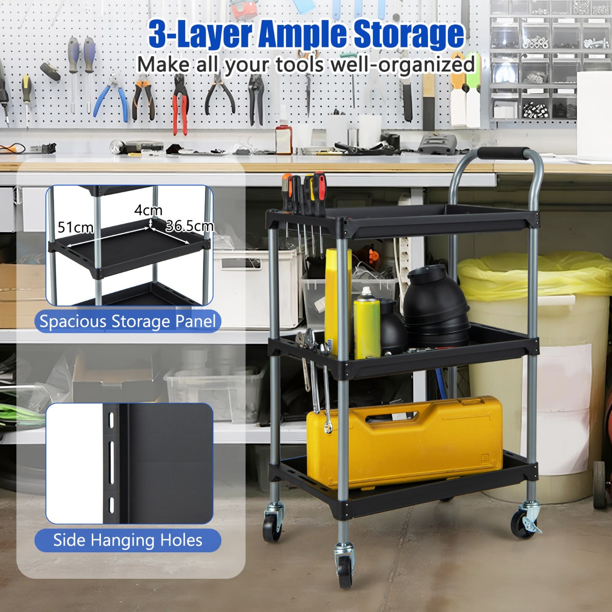 Costway 3 Layer Large Capacity Tool Cart Tool Organizer with PP Shelves