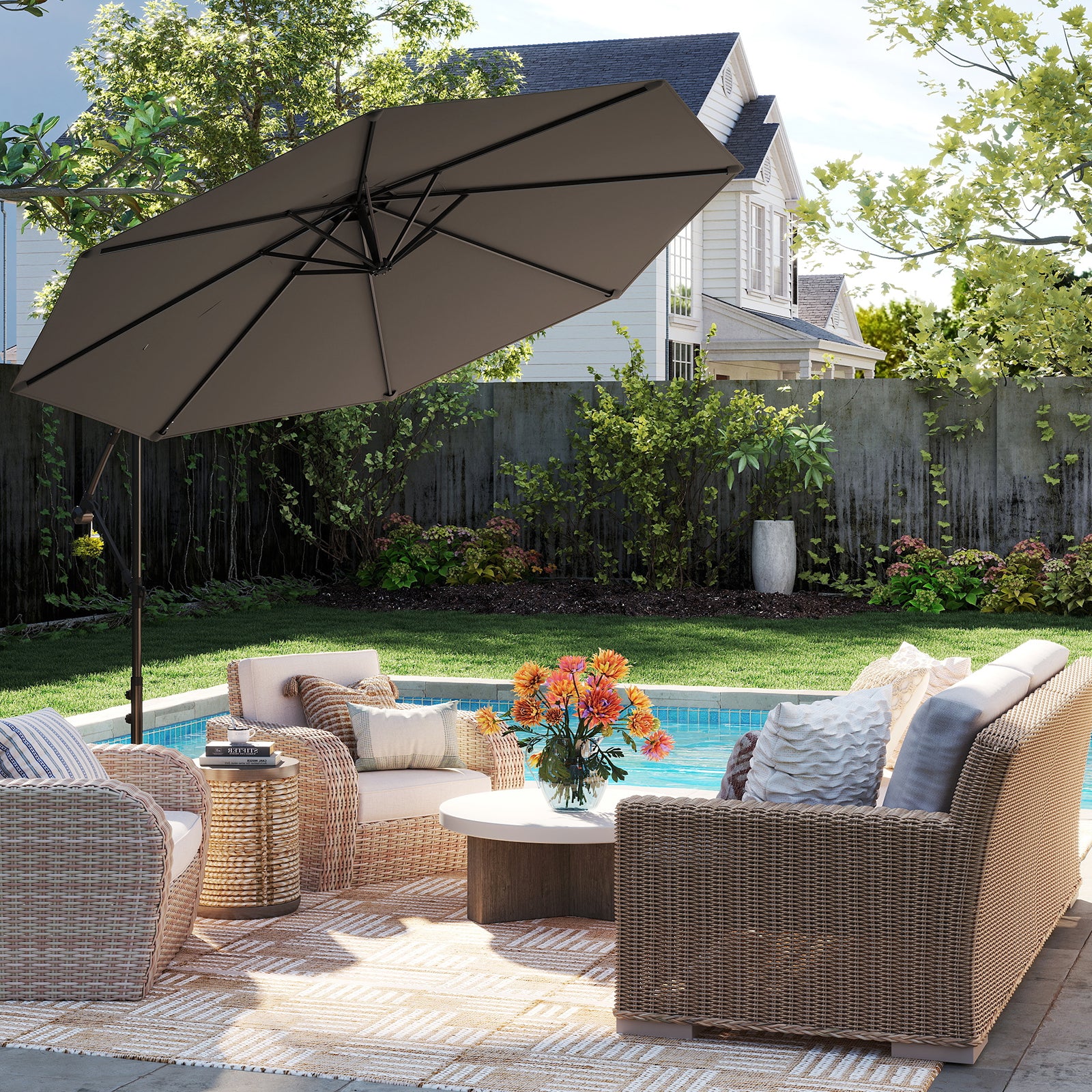 3m Patio Cantilever Umbrella with Tilt Adjustment Crossed Base and Crank Handle-Grey