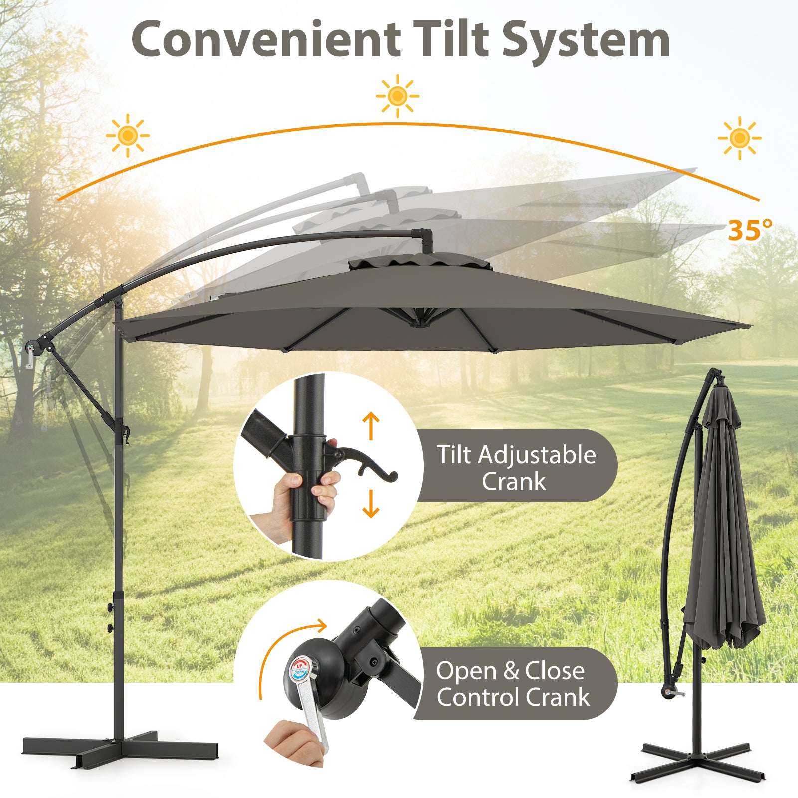 3m Patio Cantilever Umbrella with Tilt Adjustment Crossed Base and Crank Handle-Grey