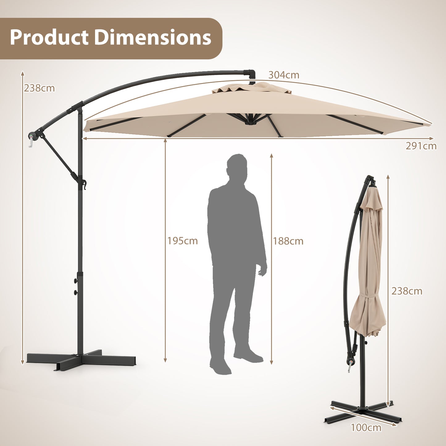 3m Patio Cantilever Umbrella with Tilt Adjustment Crossed Base and Crank Handle-Beige