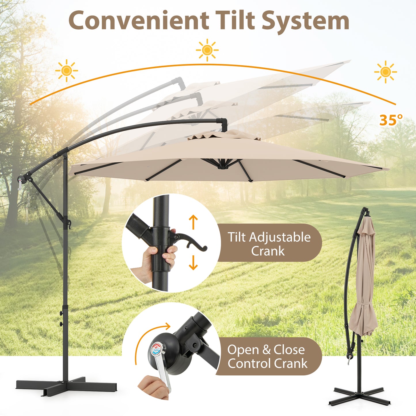 3m Patio Cantilever Umbrella with Tilt Adjustment Crossed Base and Crank Handle-Beige