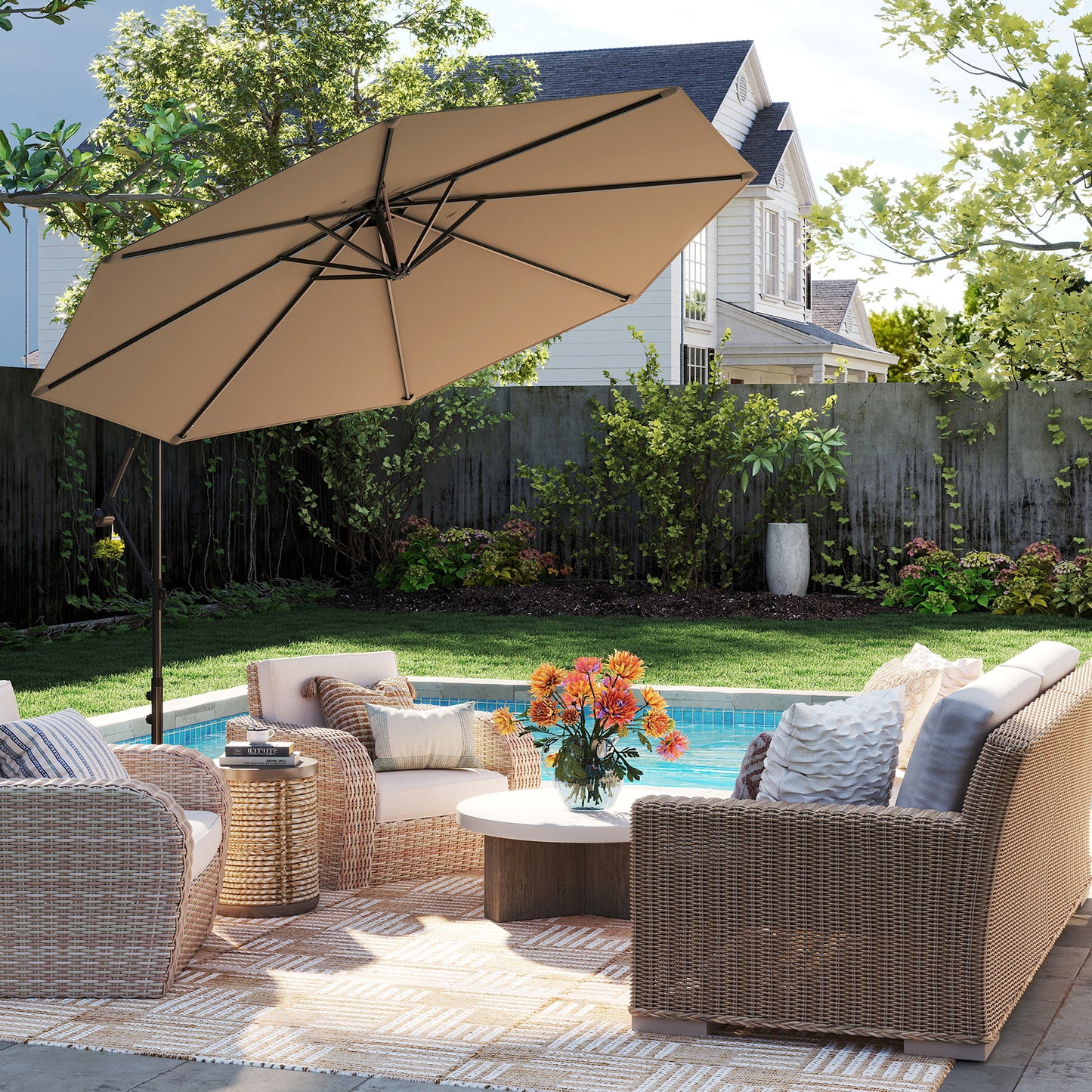 Cantilever Umbrella with Cross Base and Crank for Garden/Patio-Coffee
