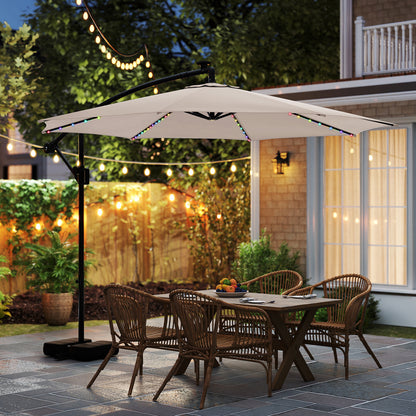 3 m Patio Solar Offset Hanging Umbrella with Base and LED Lights-Beige