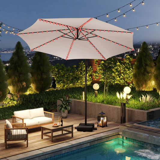 3 m Patio Solar Offset Hanging Umbrella with Base and LED Lights-Beige