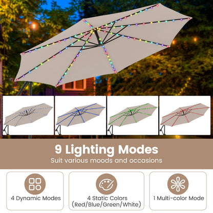 3 m Patio Solar Offset Hanging Umbrella with Base and LED Lights-Beige