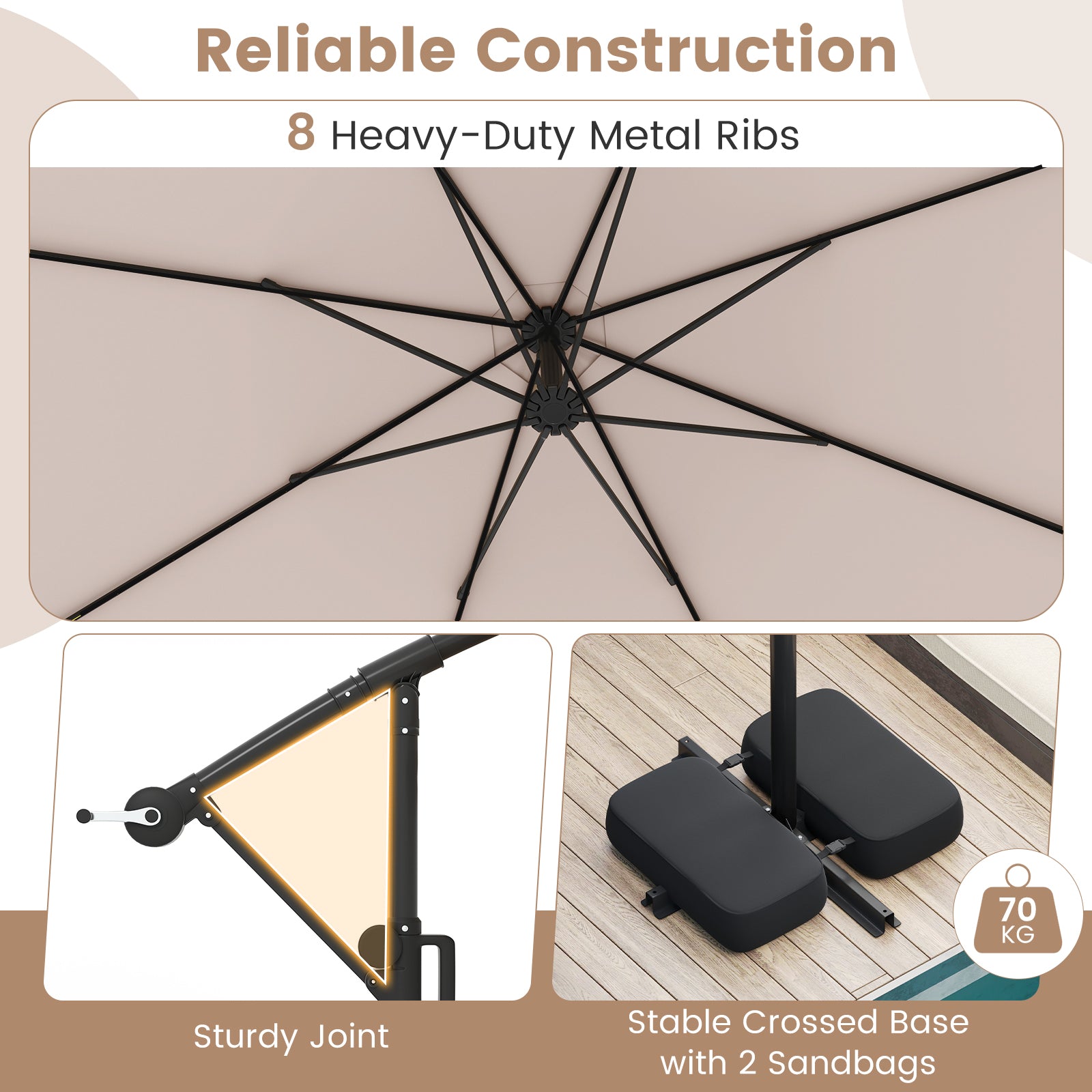 3 m Patio Solar Offset Hanging Umbrella with Base and LED Lights-Beige