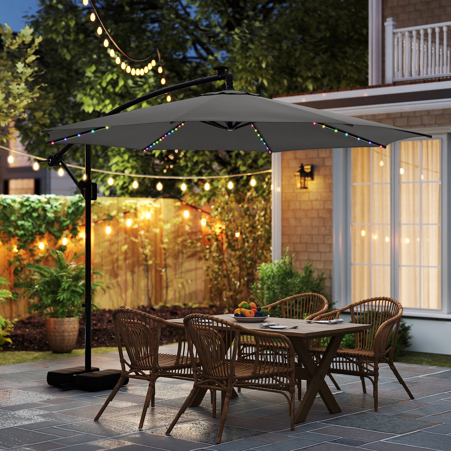 3 m Patio Solar Offset Hanging Umbrella with Base and LED Lights-Grey