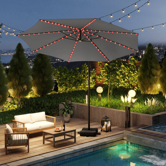 3 m Patio Solar Offset Hanging Umbrella with Base and LED Lights-Grey