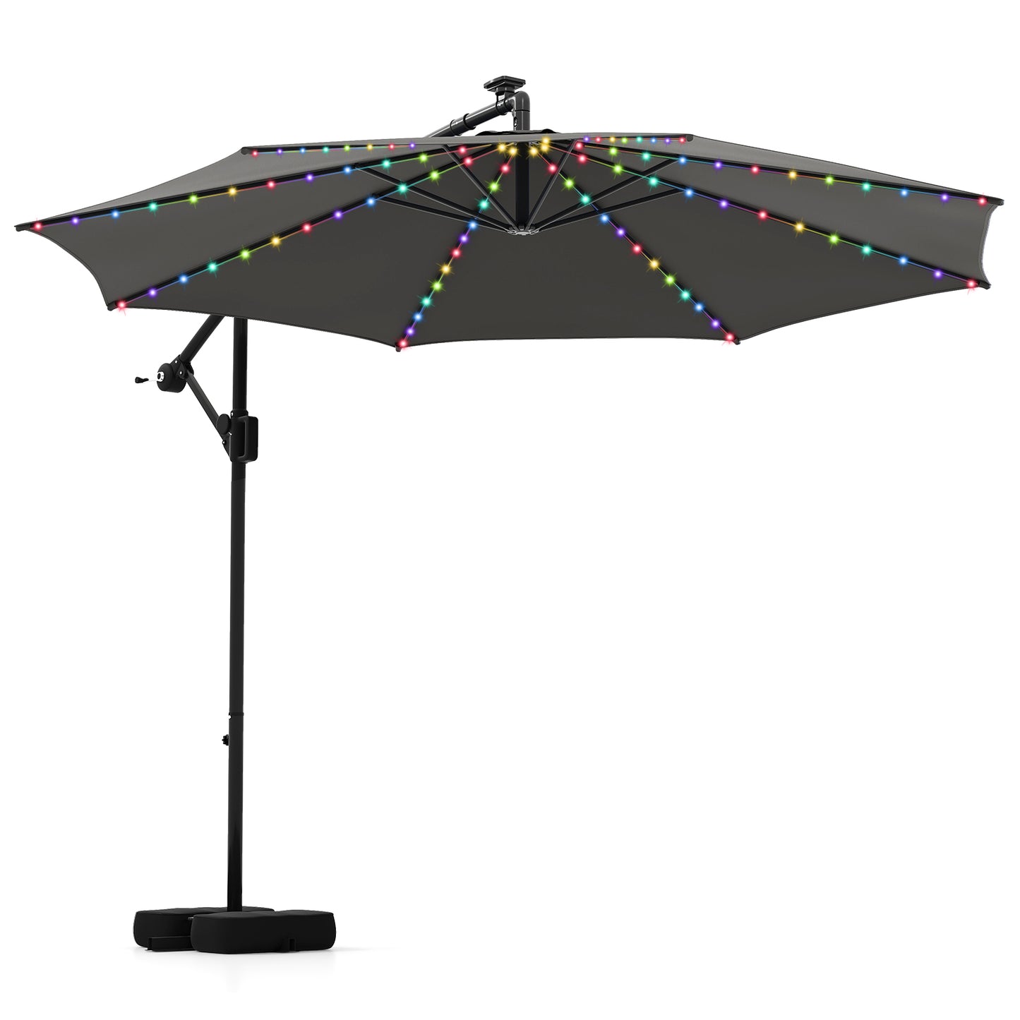 3 m Patio Solar Offset Hanging Umbrella with Base and LED Lights-Grey