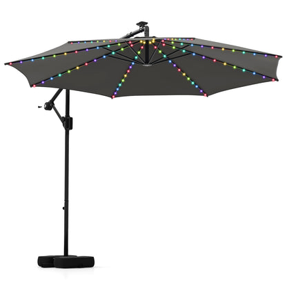3 m Patio Solar Offset Hanging Umbrella with Base and LED Lights-Grey
