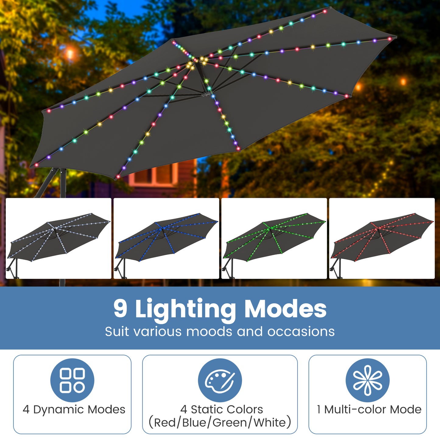 3 m Patio Solar Offset Hanging Umbrella with Base and LED Lights-Grey