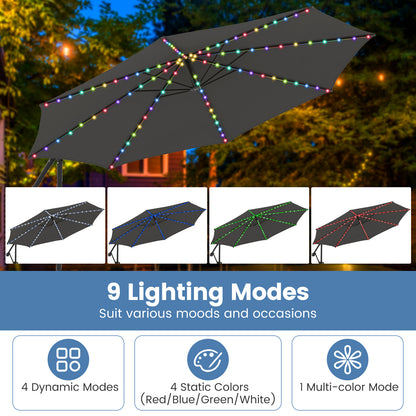 3 m Patio Solar Offset Hanging Umbrella with Base and LED Lights-Grey