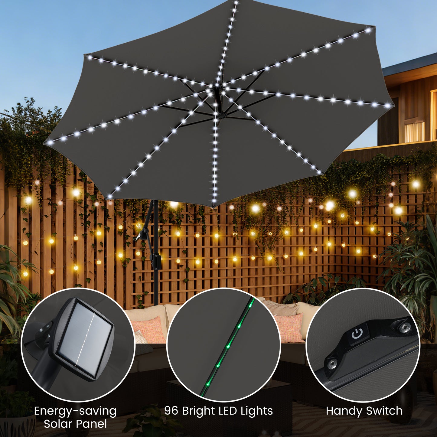 3 m Patio Solar Offset Hanging Umbrella with Base and LED Lights-Grey
