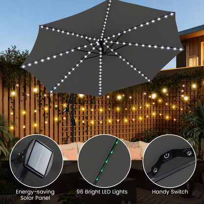 3 m Patio Solar Offset Hanging Umbrella with Base and LED Lights-Grey