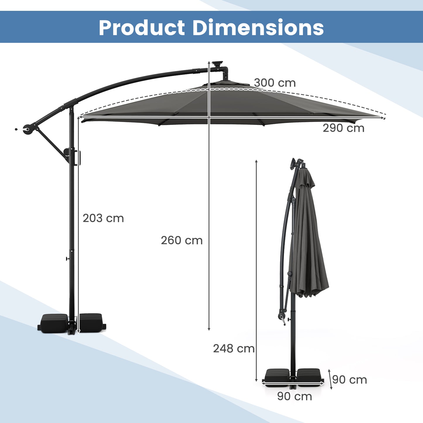 3 m Patio Solar Offset Hanging Umbrella with Base and LED Lights-Grey