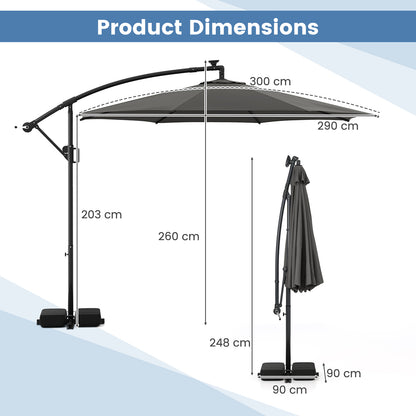 3 m Patio Solar Offset Hanging Umbrella with Base and LED Lights-Grey