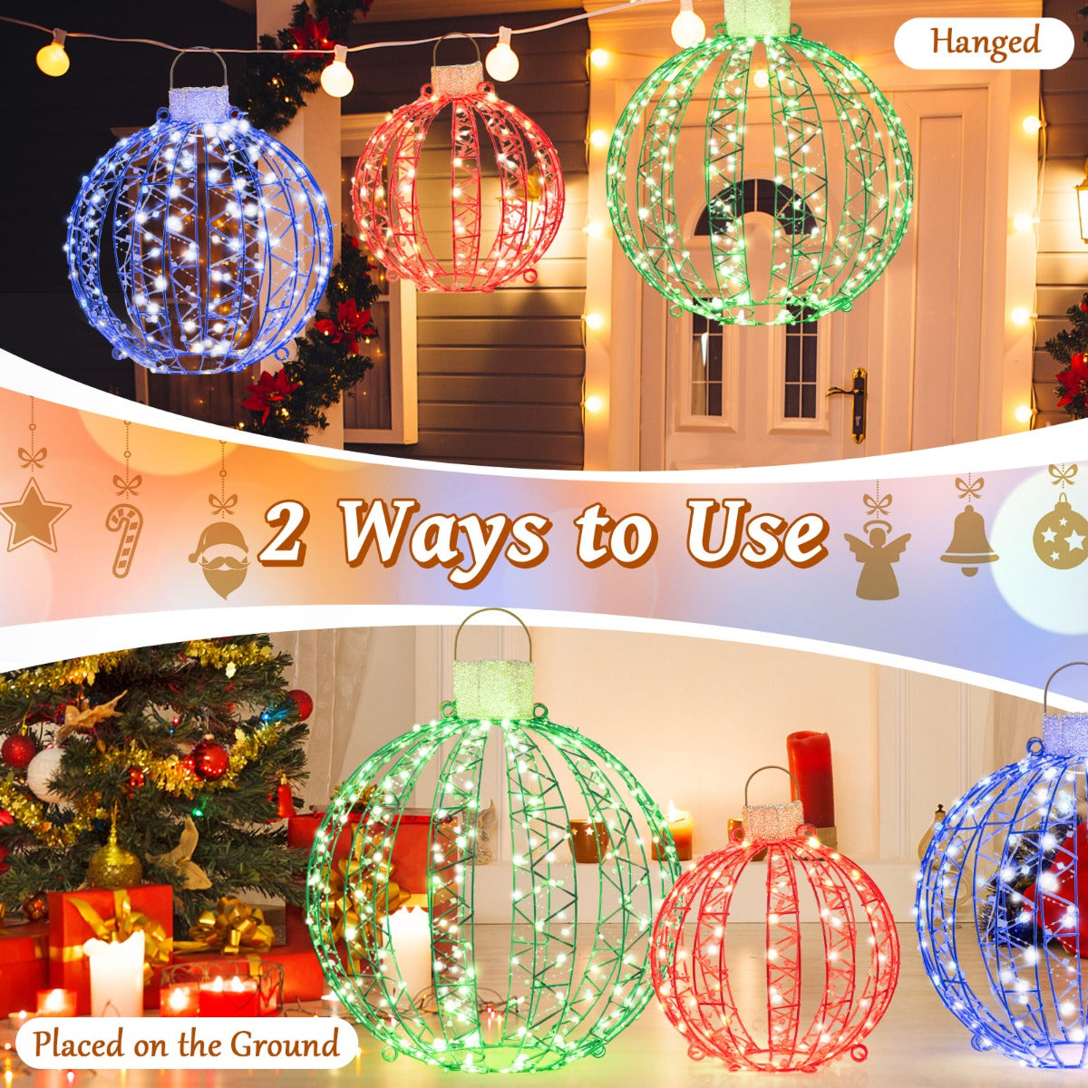 Easy-install Christmas light ball set connects hemispheres with straps for quick seasonal decorating