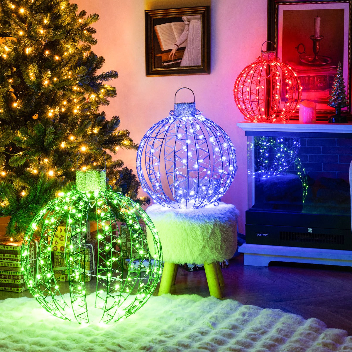 Outdoor Christmas light balls with sturdy metal frames, waterproof and rustproof construction