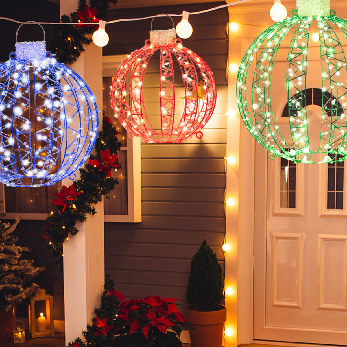 Ground or hanging Christmas light balls include U-shaped nails for secure sidewalk and outdoor placement