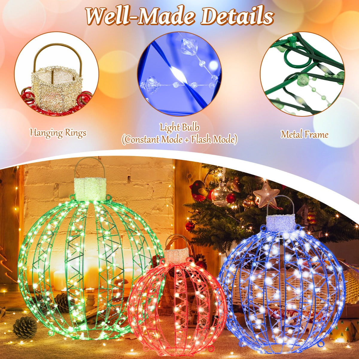 Hanging Christmas light globes with golden rings for attractive and convenient lantern-style display