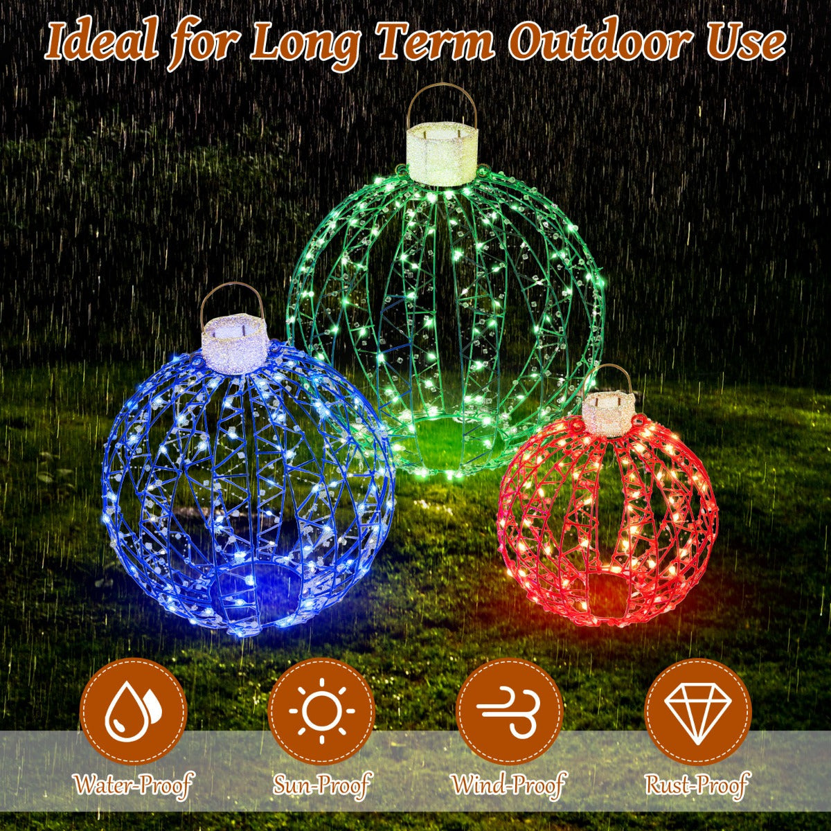 Red blue green Christmas light spheres illuminate dark nights with bright and partly flashing LEDs