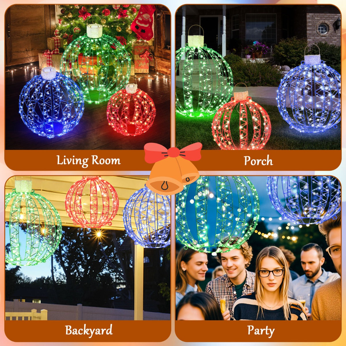 Three sizes of metal Christmas light globes add festive charm to living rooms, stores, parks and patios