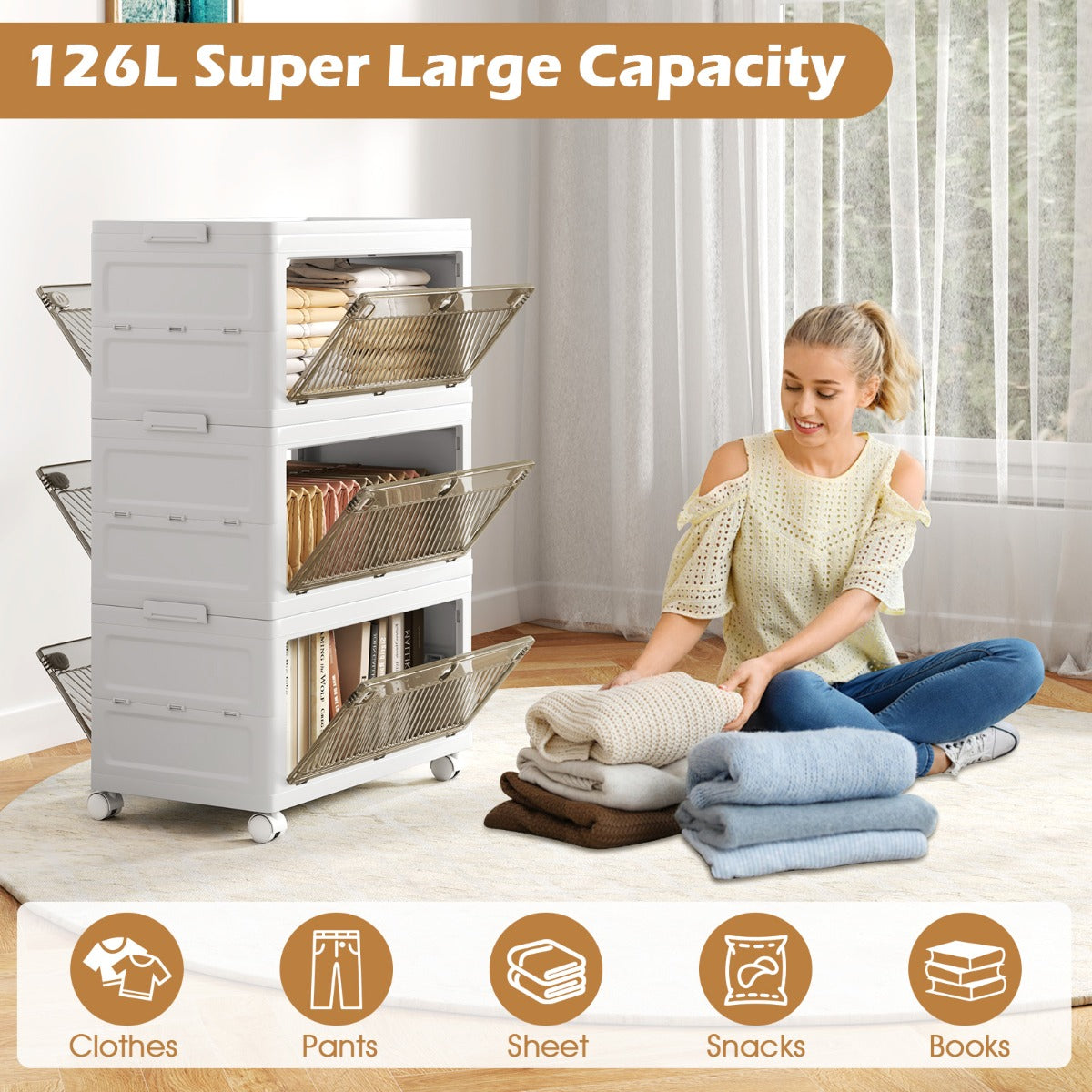3-Pack Plastic Storage Bins with Lid for Bedroom Living Room-White